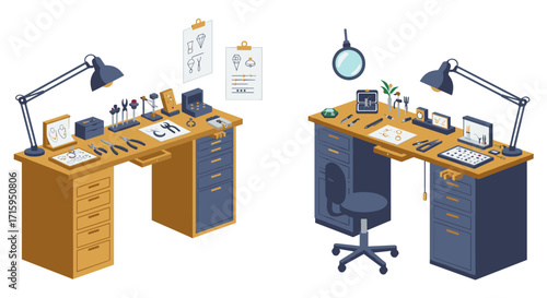 Jewelry design studio workspace with tools and equipment in isometric style