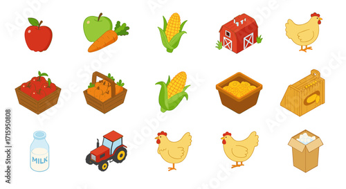 Farm fresh icons set: fruits, vegetables, animals, and barn elements in flat style