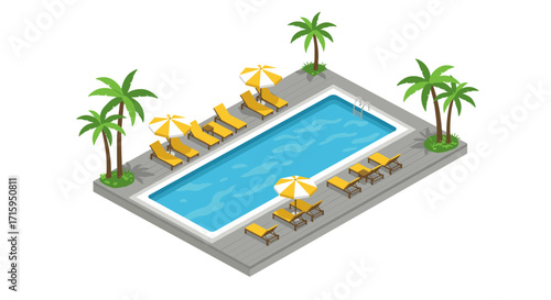 Isometric poolside paradise with palm trees and sun loungers