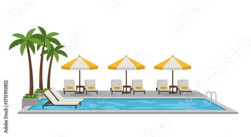 Tropical poolside oasis with lounge chairs and umbrellas