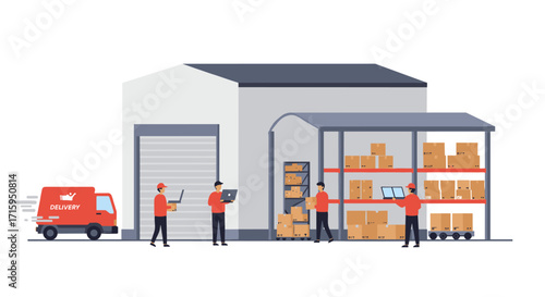 Warehouse logistics with delivery truck and workers in modern flat design