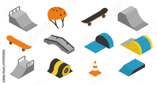 Isometric skatepark elements: ramps, helmets, boards, and safety gear collection