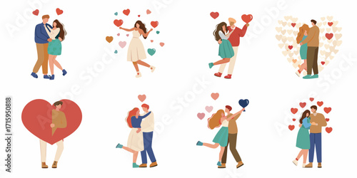 Collection of diverse couples embracing and celebrating love with hearts and romantic gestures