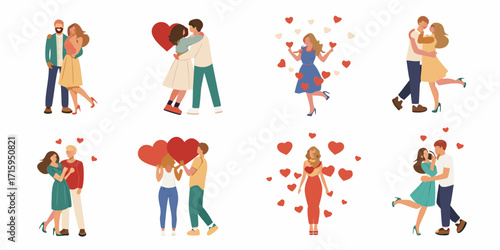 Collection of diverse couples embracing and holding hearts celebrating love and romance