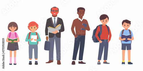 Diverse group of students and teachers standing together with books and backpacks on white background