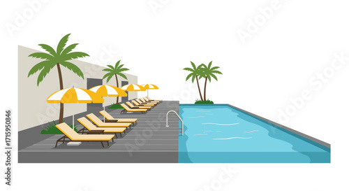 Tropical poolside relaxation with sunbeds and umbrellas in flat design