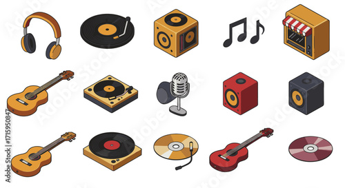Isometric music icons set featuring instruments and audio equipment