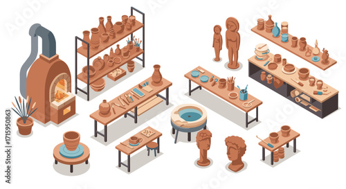 Isometric pottery workshop with kiln and tools in a modern ceramic studio