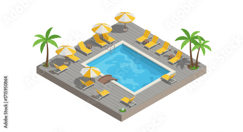 Isometric poolside retreat with palm trees and yellow lounge chairs
