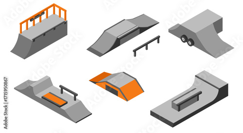 Isometric skate park elements with ramps and rails