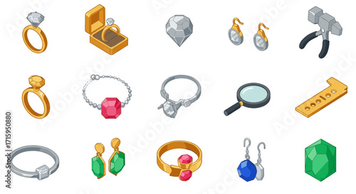 Isometric jewelry collection: rings, earrings, and gems in vibrant colors