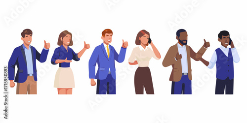 Diverse group of business professionals giving thumbs up and talking on phones in a modern flat illustration style