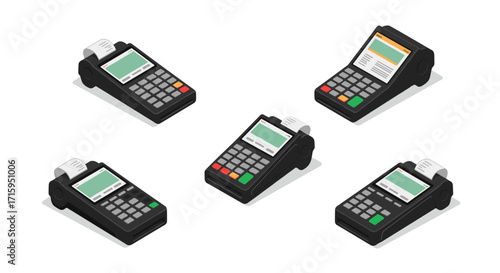 Isometric payment terminals set: modern electronic transaction devices