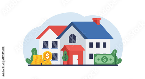 Real estate investment icon with house and currency symbols in flat design