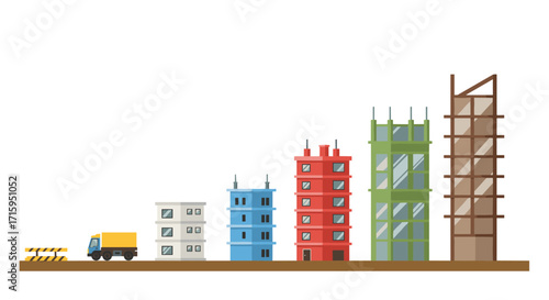Urban construction stages: colorful buildings and crane in flat style
