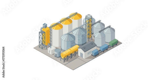 Modern isometric grain silo complex with industrial storage and transportation