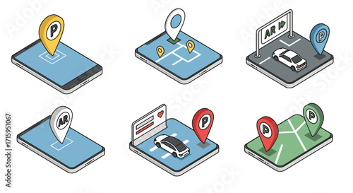Digital navigation and parking isometric icons with ar elements