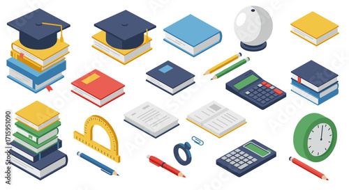 Isometric school supplies collection: books, caps, calculators, and more for education