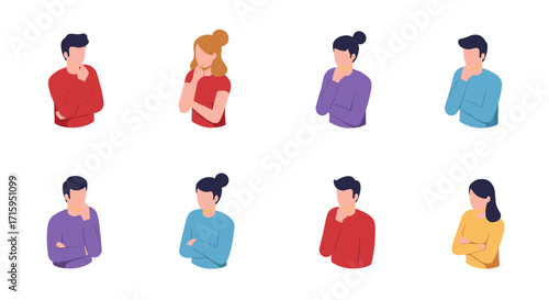 Diverse characters in isometric thoughtful poses on white background