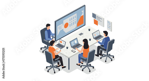 Isometric team collaboration in modern office with technology
