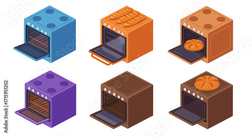Colorful isometric kitchen ovens with baked goods