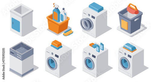 Isometric home appliance and cleaning supplies set for laundry room design
