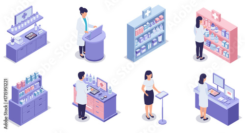 Isometric pharmacy scenes with pharmacists and shelves featuring medical supplies and equipment
