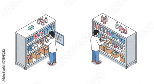 Isometric pharmacy storage: organized shelves with medicine and health supplies