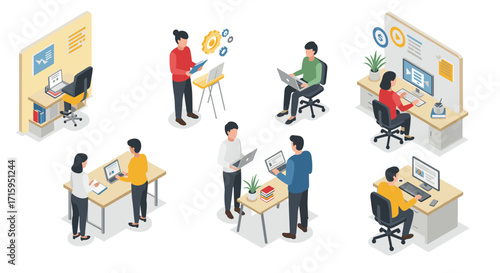 Isometric office scenes depicting teamwork and collaboration in modern workspaces