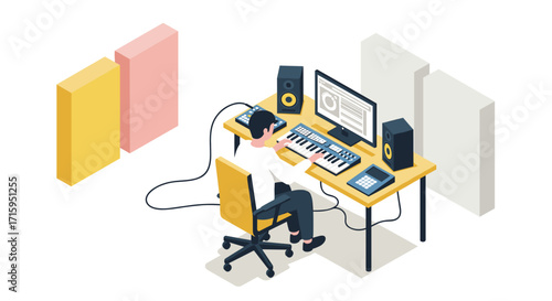 Modern music production studio with producer using keyboard and computer in isometric style