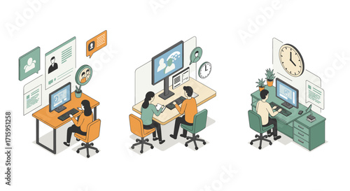 Isometric office coworking scenes with people at workstations and online meetings
