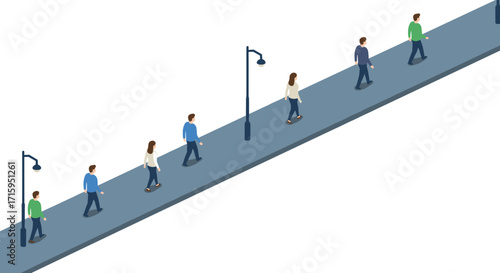 Isometric pedestrians walking on path with street lamps
