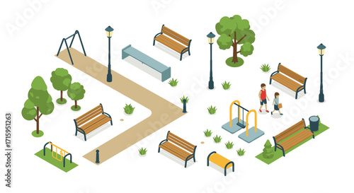 Isometric park scene with benches, play area, trees, and walking people