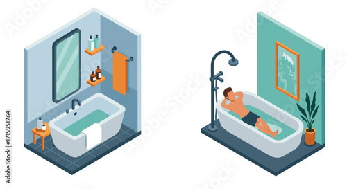 Isometric bathroom scenes with modern decor and relaxing bath