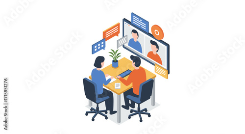 Remote team meeting in modern isometric office with video conferencing