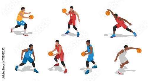 Dynamic isometric basketball players in action poses on white background