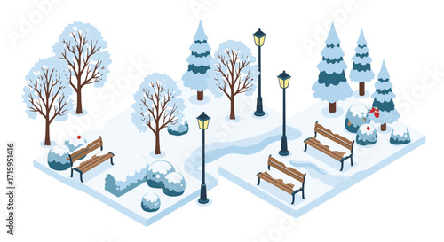 Isometric winter park scene with snow-covered trees and benches