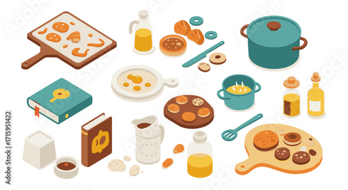 Isometric kitchen elements with utensils, ingredients, and cookware