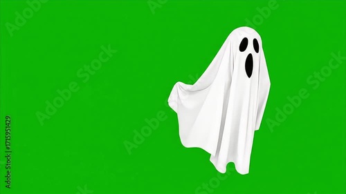 Playful ghost costume with surprised expression on green screen background