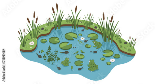 Tranquil pond ecosystem with frogs, tadpoles, and water lilies in isometric design