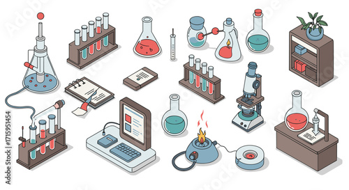 Modern isometric science lab equipment with digital integration