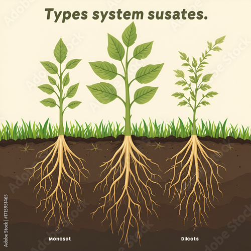 Types of root systems of plants, monosots and dicots in the soil in cut. Education poster, vector illustration.