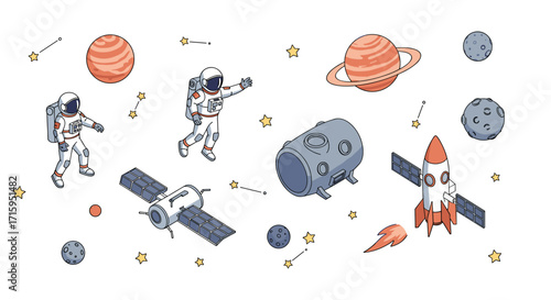 Space exploration: astronauts, planets, and rockets in a playful cartoon style