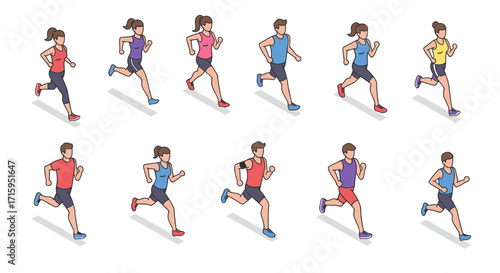 Isometric jogging characters in various outfits and poses on white background
