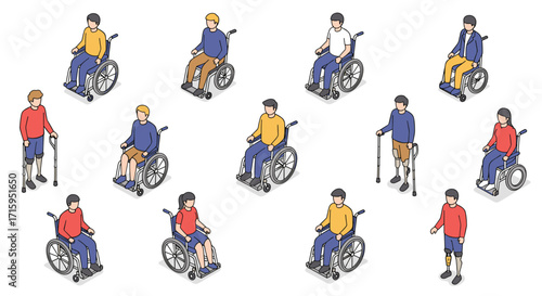 Diverse people with disabilities in isometric style