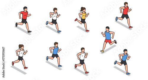 Isometric runners in action: dynamic athletic figures in motion