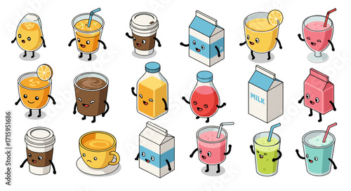 Cute cartoon drinks collection with adorable faces and fun characters