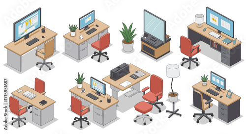 Modern office workspace set with isometric desks, chairs, and accessories