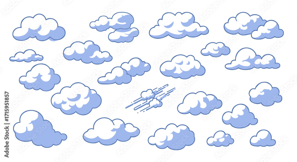 Obraz premium Cartoon style blue clouds collection on white background