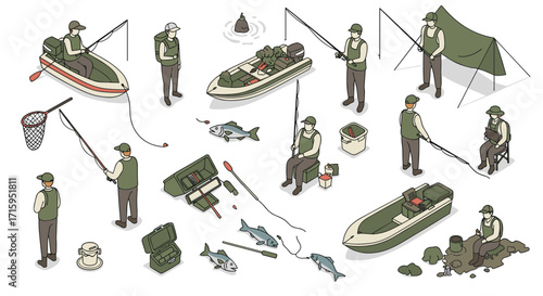 Isometric fishing scene with anglers, boats, and camping gear in nature